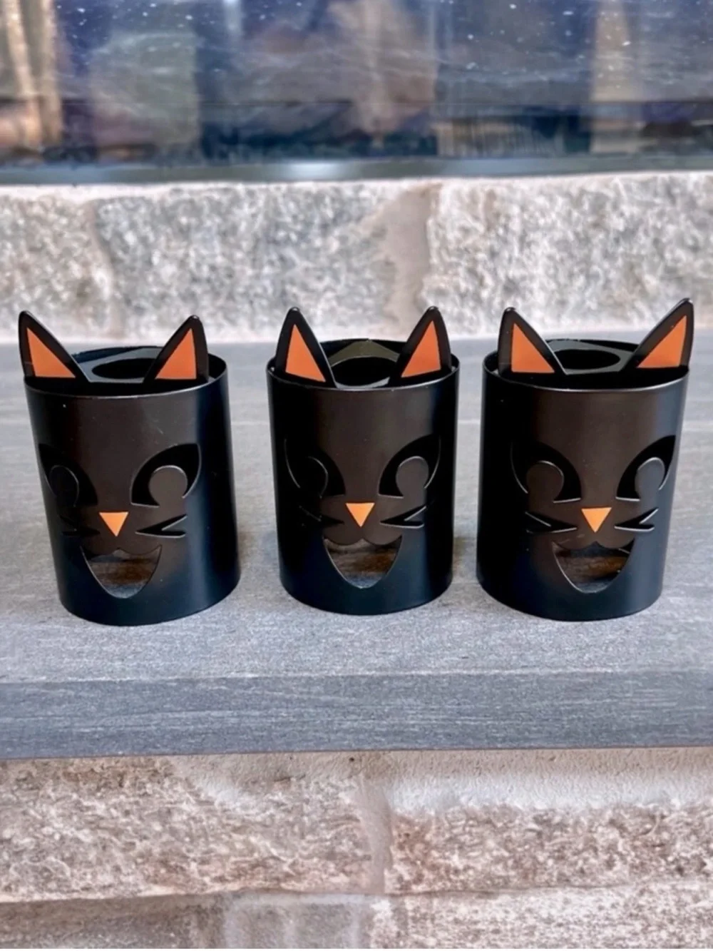 Black Cat Metal Teal Light Candle Holders Set of 3 Halloween Luminaries Decor